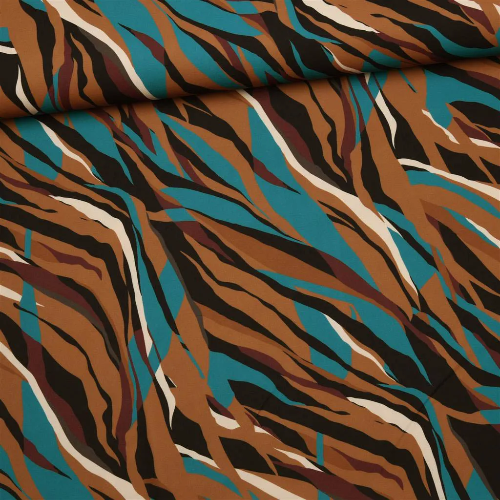 Polyester crêpe met bruin, petrol, ecru en zwartkleurig motief